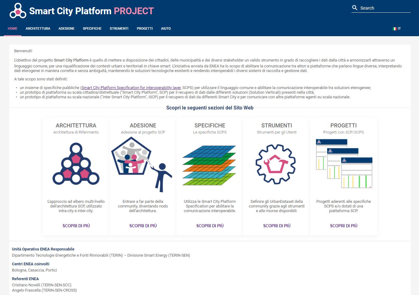 Homepage del sito web "SCP Project", sito di riferimento dove sono pubblicate le specifiche Smart City Platform Specification (SCPS)