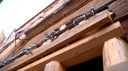L’immagine mostra alcuni edifici del centro storico di Camerino che presentano opere provvisionali di messa in sicurezza temporanea, costituiti da  puntelli di ritegno e di sostegno in legno e tirantature metalliche