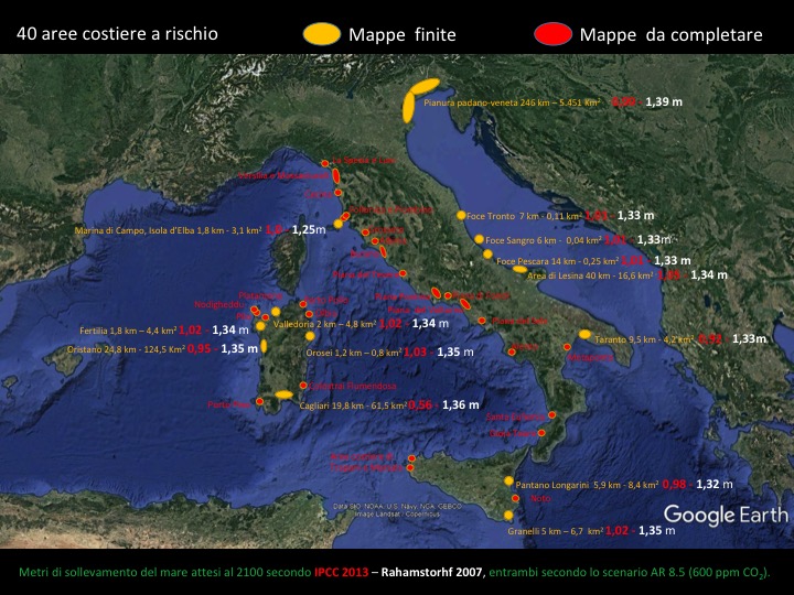 Mappa delle 40 aree costiere a maggior rischio di inondazione in Italia